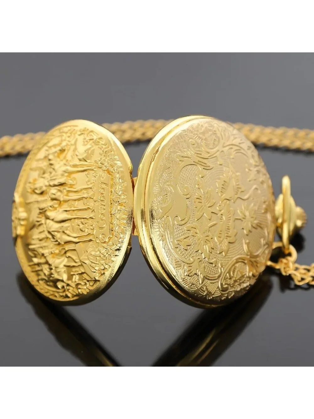 Men's Gold Analog Quartz Arabic Numerals Engraved Cowboy Vintage Pocket Watch